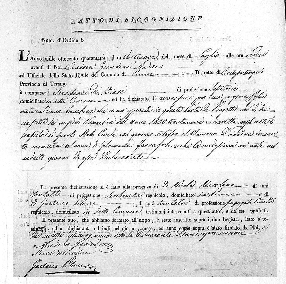 Atto di Riconoscimento di Filomena de Caesaris